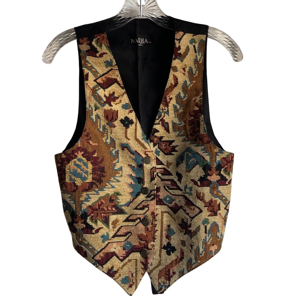 VTG Nadia made USA Italian Fabric‎ Tapestry Vest M Western Aztec Boho Cowboycore